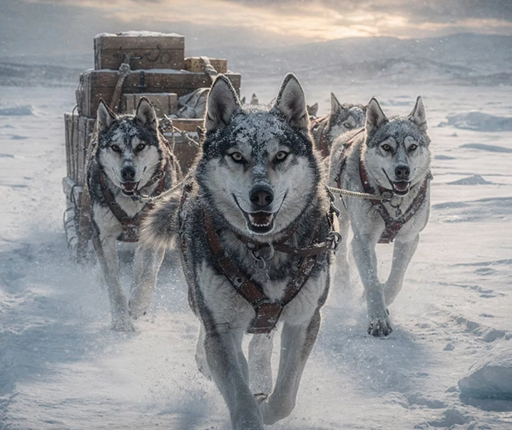 Balto sled dog team in the snow